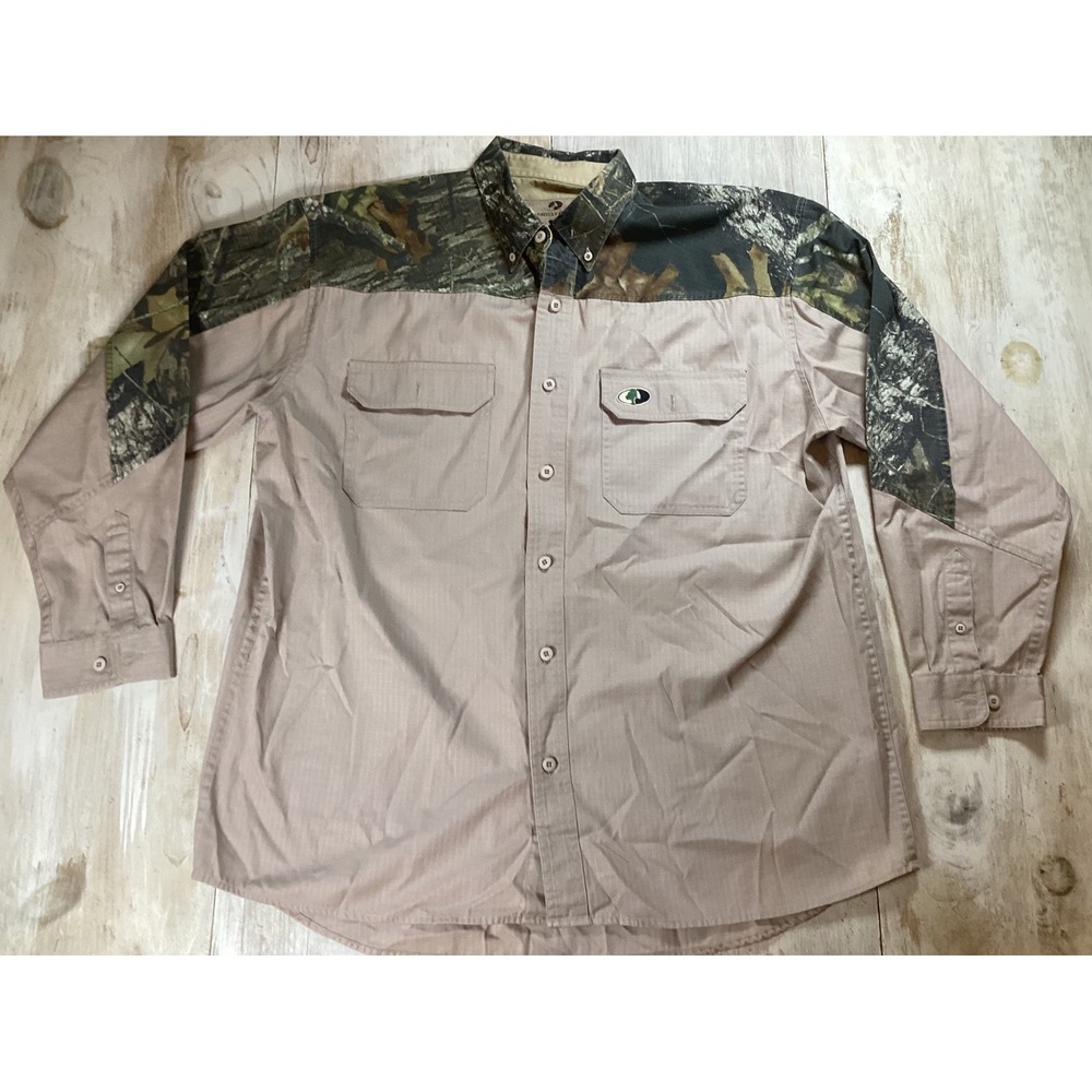 Mossy Oak Men Ridgeline LS Shirt XL Tan Camo Ripstop Cotton Button Down 2487
